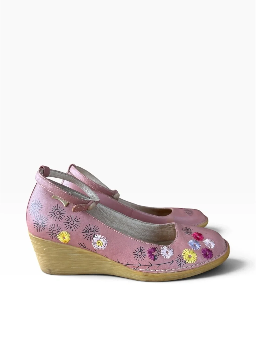 Camper Twins Pink Floral Embroidered Mary Jane Wedge Shoes Size 37 / 7